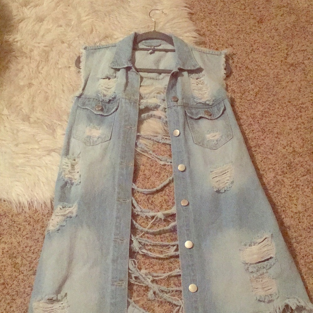 Long distressed denim jacket